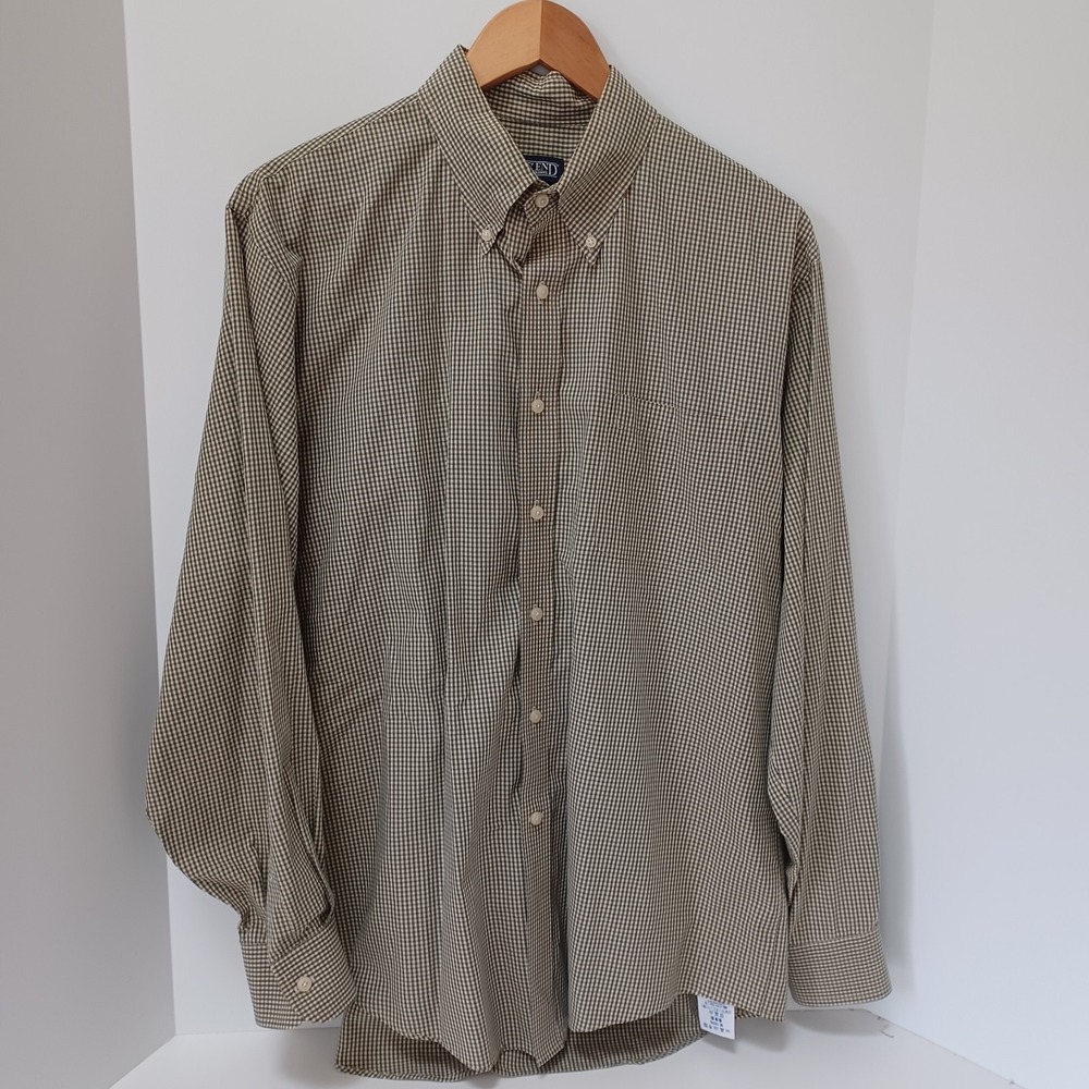 Lands' End Men's Shirt Regular 16 1/2 34 Long Sleeve Button Down Checkered Green